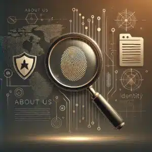 An image with golden hues depicting tools private investigators might use during investigations, data lines with a magnifying glass looking at a fingerprint.