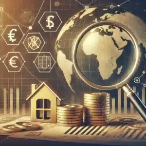 Image representing Asset Investigations, with a house, coins, globe and magnifying glass.