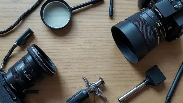 An image of a wooden desk top with two zoom cameras and a magnifying glass, tools that might be used in private investigations.